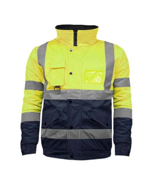 Hi-vis padded bomber jacket in yellow and navy with reflective stripes