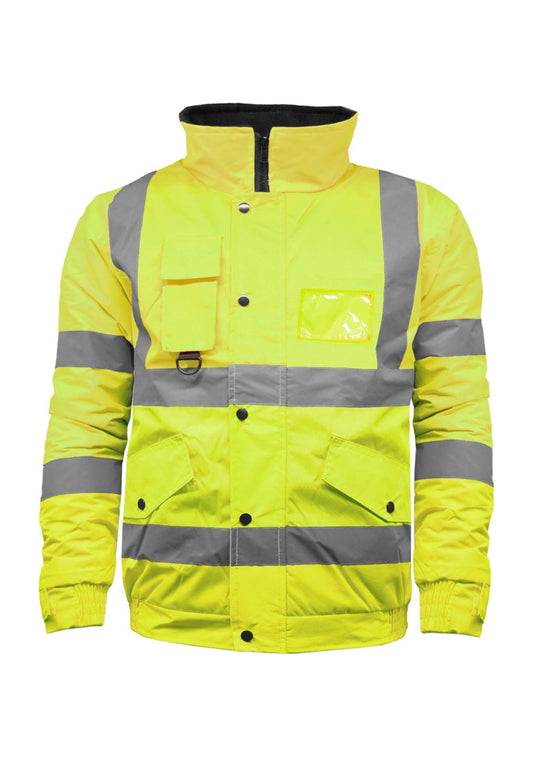 Hi-vis padded bomber jacket with reflective stripes for work safety gear