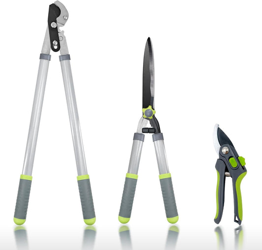 3-piece garden shear set with loppers, hedge shears, and pruning scissors