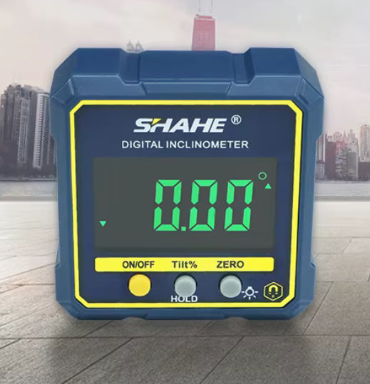Digital inclinometer kit with LCD display, screwdriver, and manual included