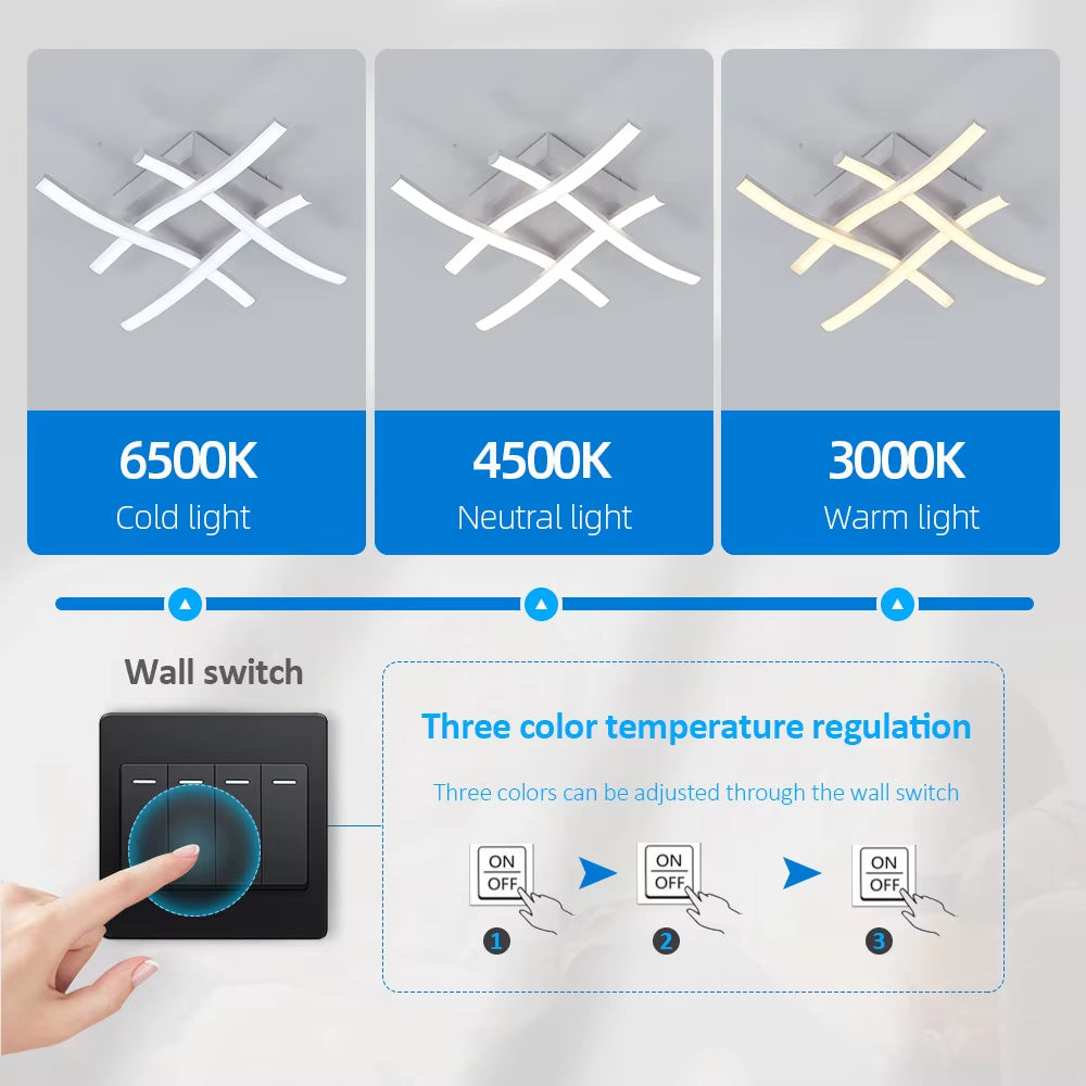 Contemporary 3-Color Adjustable LED Ceiling Light with Curved Design for Living Room, Restaurant, Bedroom, and Balcony - 24W