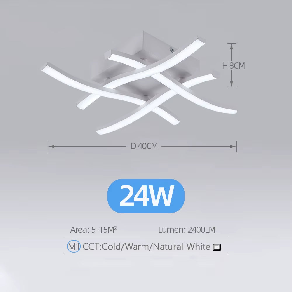 Contemporary 3-Color Adjustable LED Ceiling Light with Curved Design for Living Room, Restaurant, Bedroom, and Balcony - 24W