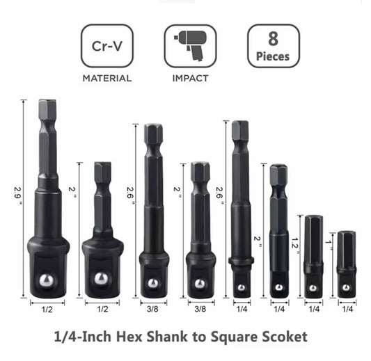 Socket adapter and reducer drill bit set for power tools and drivers.
