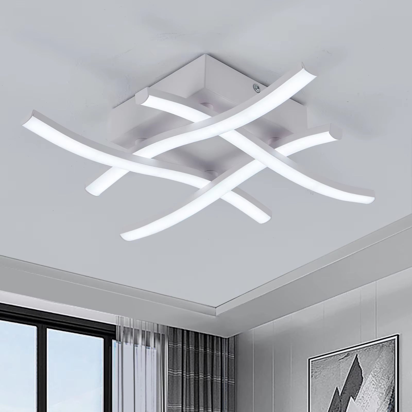 Contemporary 3-Color Adjustable LED Ceiling Light with Curved Design for Living Room, Restaurant, Bedroom, and Balcony - 24W
