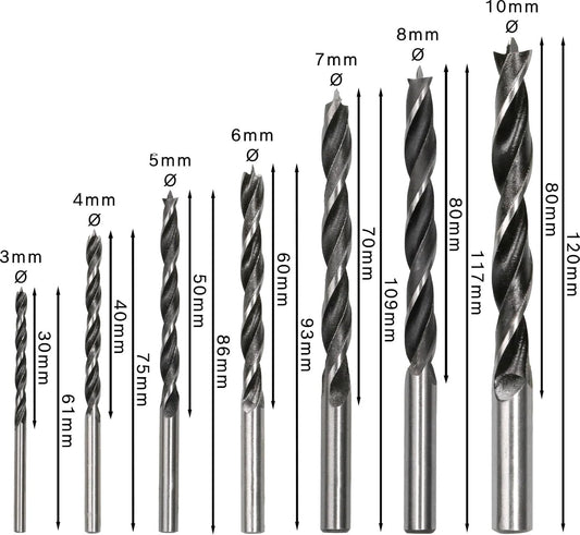 Brad point wood drill bit on timber, ideal for precise woodworking tasks