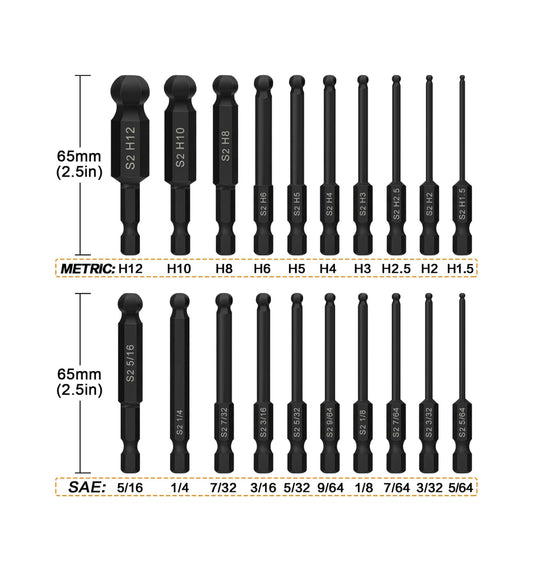Ball end hex drill bit set for versatile angled drilling and fastening tasks.