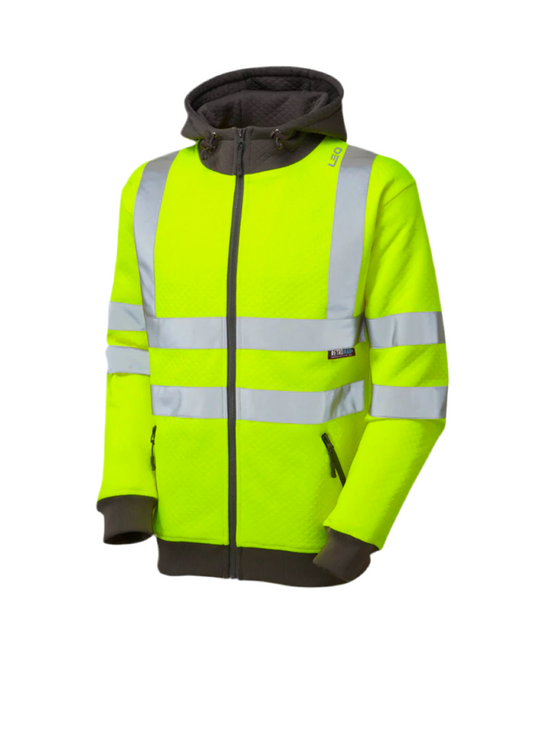 Hi-vis yellow softshell work hoodie with reflective stripes and zippered pockets