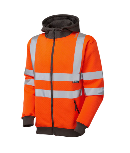 Hi-vis orange softshell work hoodie with reflective stripes and pockets