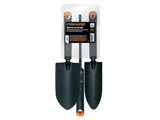 Fiskars 3-piece nursery garden tool set with shovel and transplanter